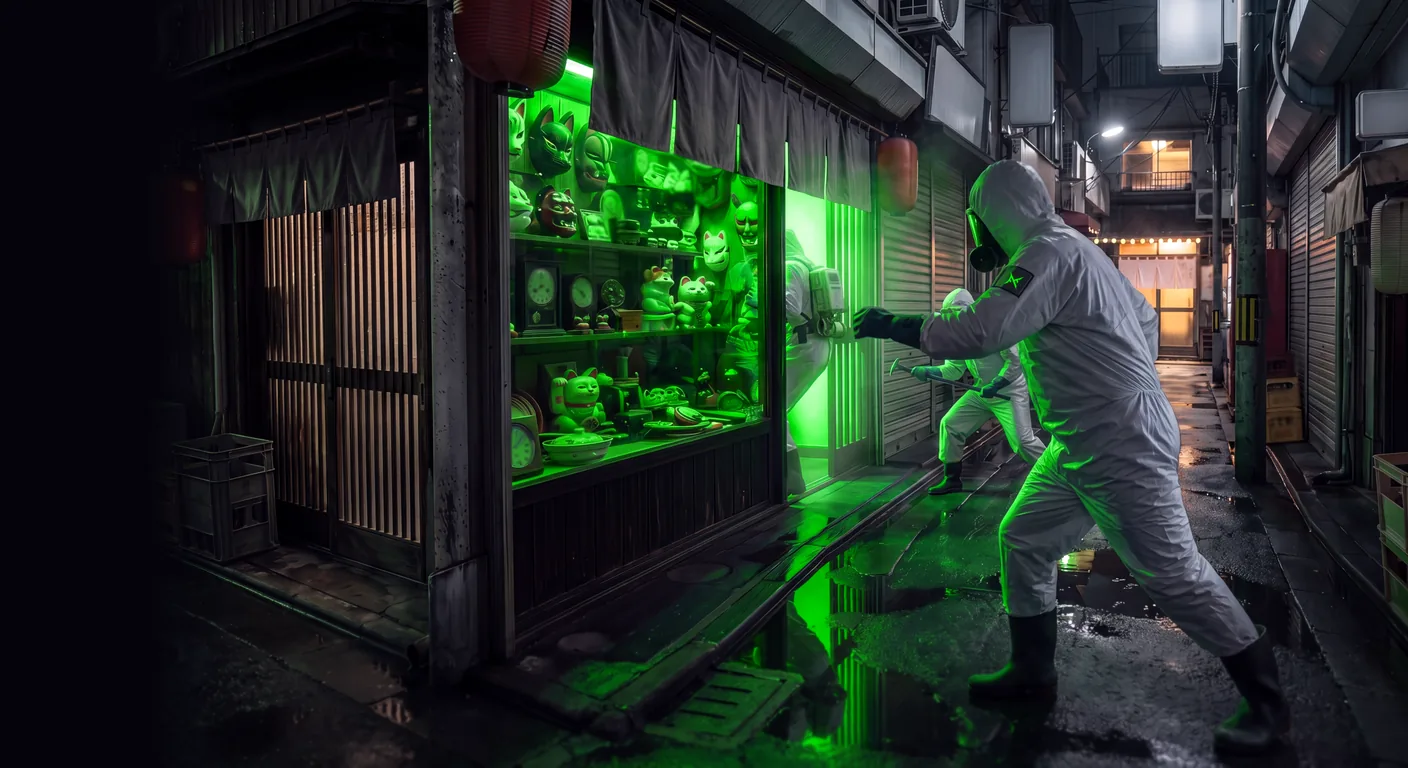 Three Test Subjects in white hazmat suits force the antique shop door in a Tokyo alley; green light pours out of the shop.