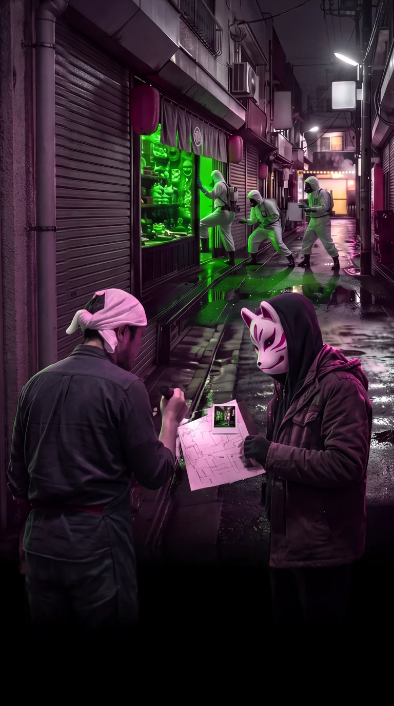 The ramen shop owner and a masked member of the Resistance study a plan in the alley.
