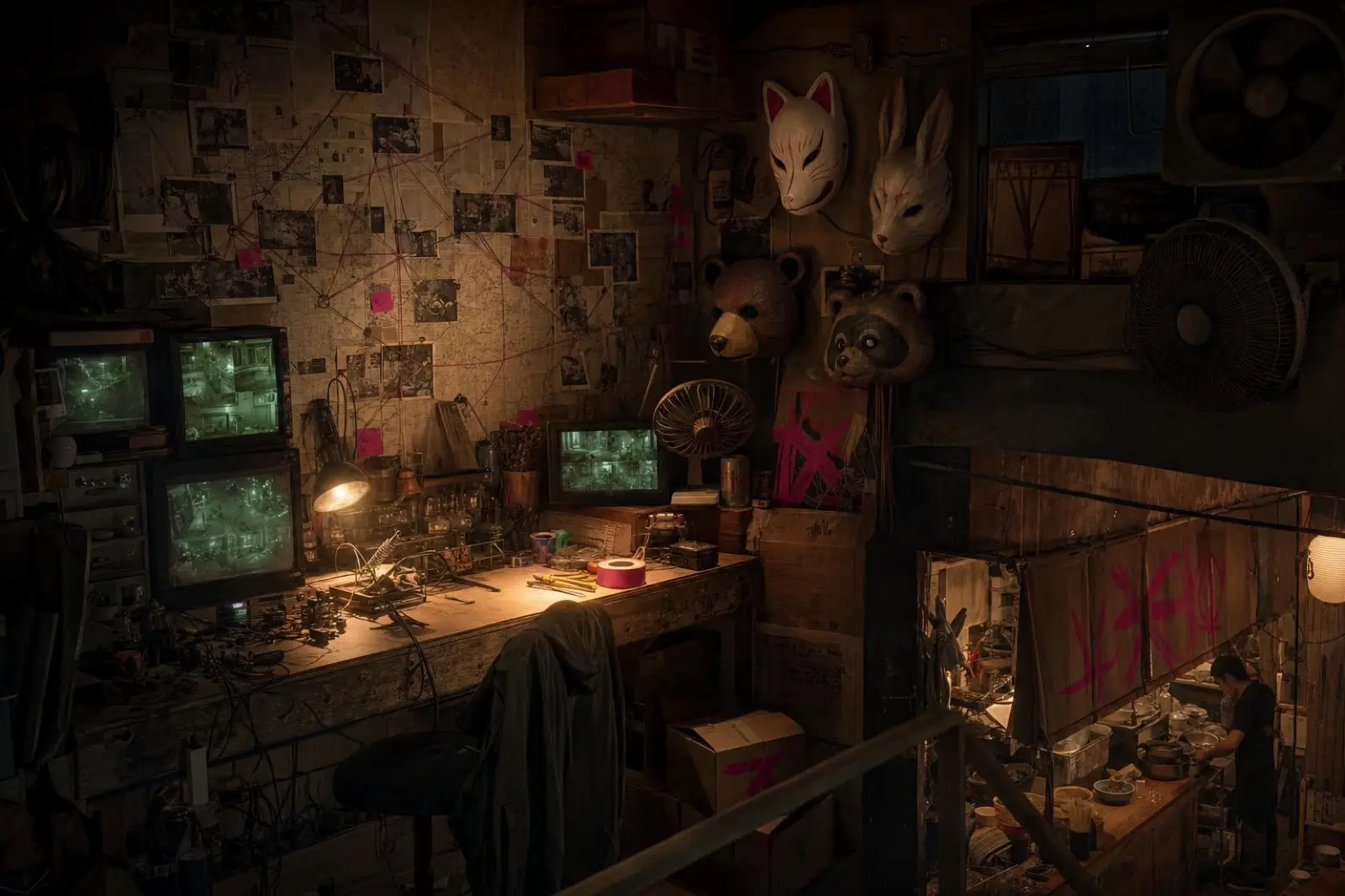 Story illustration: an improvised Resistance workshop filled with monitors, maps and animal masks.