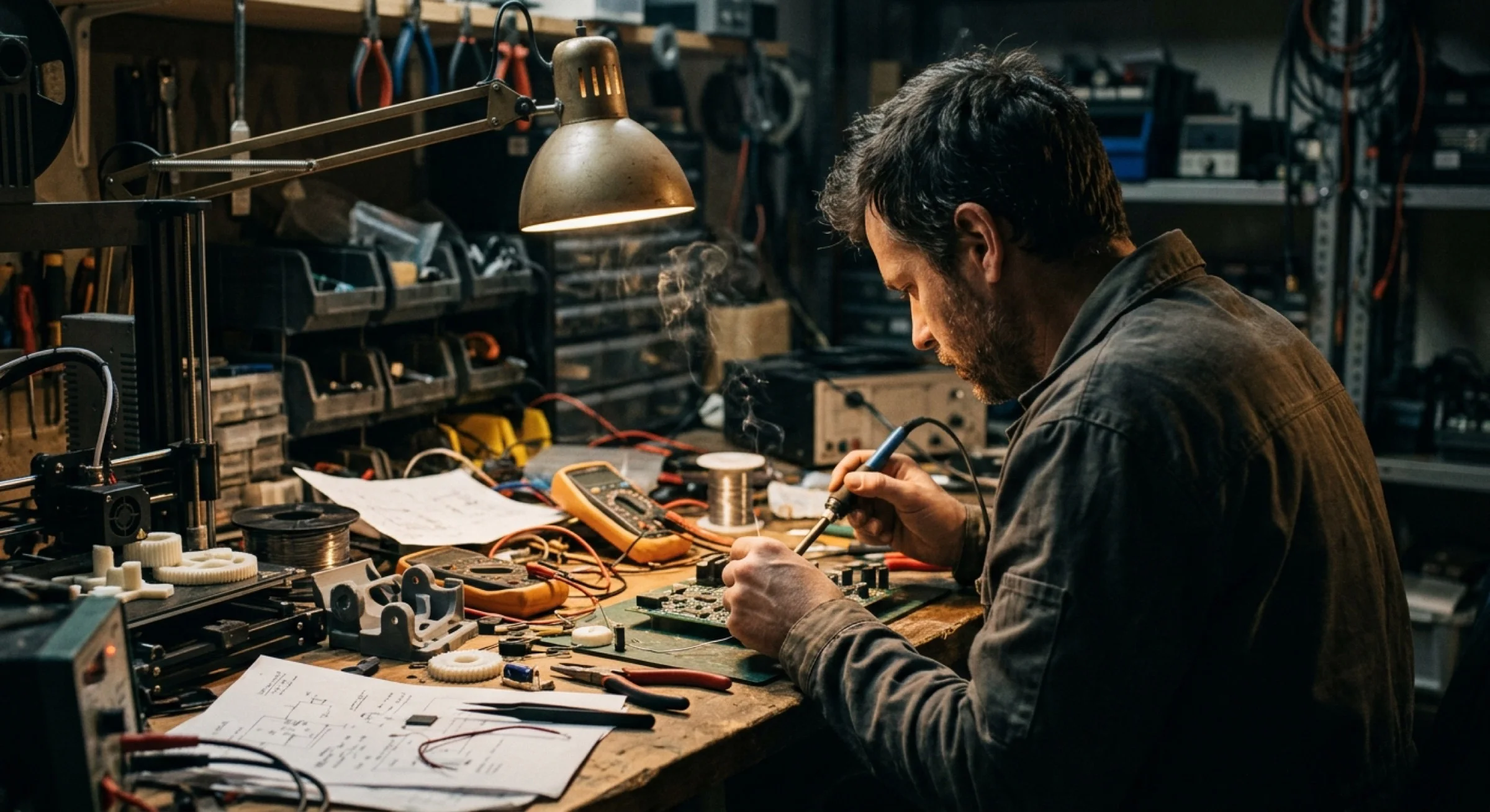 Stylized illustration of a builder at a workbench.