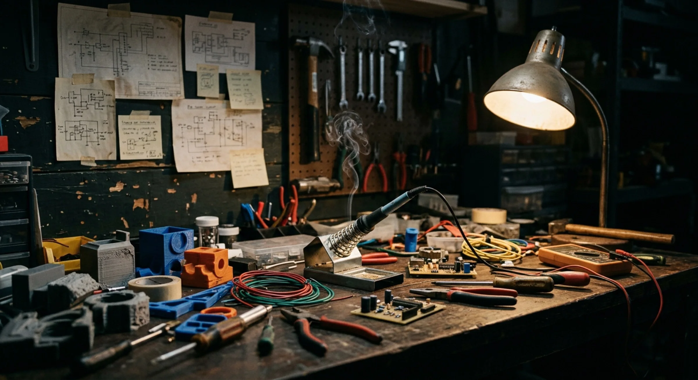 Illustrated workbench with physical parts, circuit boards, hand tools and pinned circuit diagrams