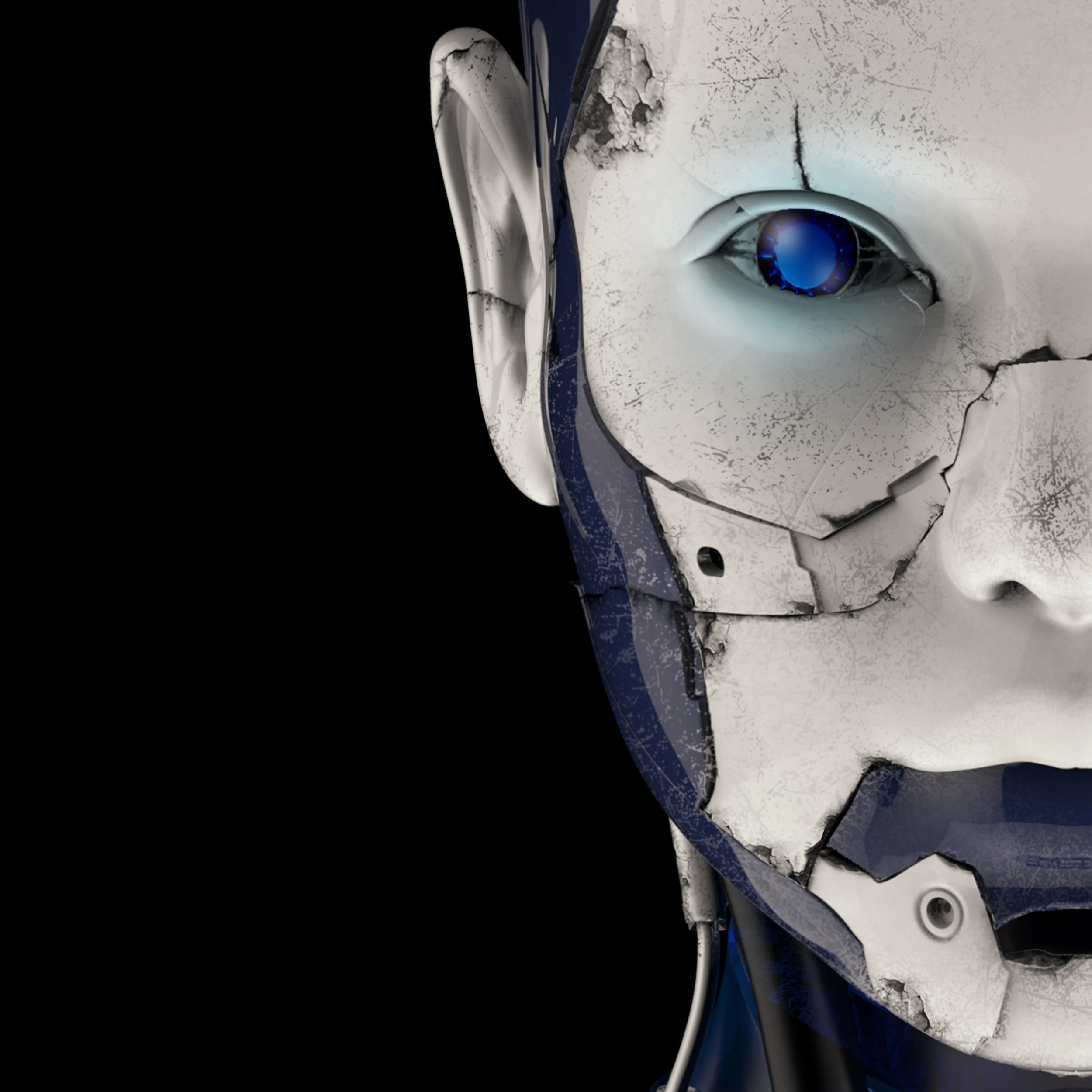 KT character illustration: a cracked ceramic face with one blue eye.