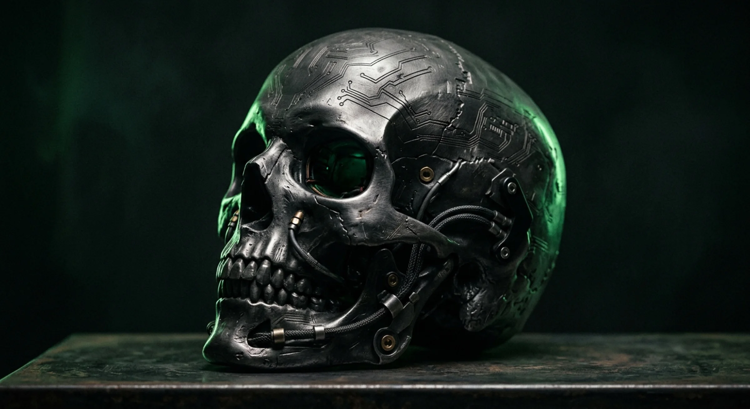 GAVIN character illustration: a metal skull with engraved circuitry, green light and exposed mechanical details.
