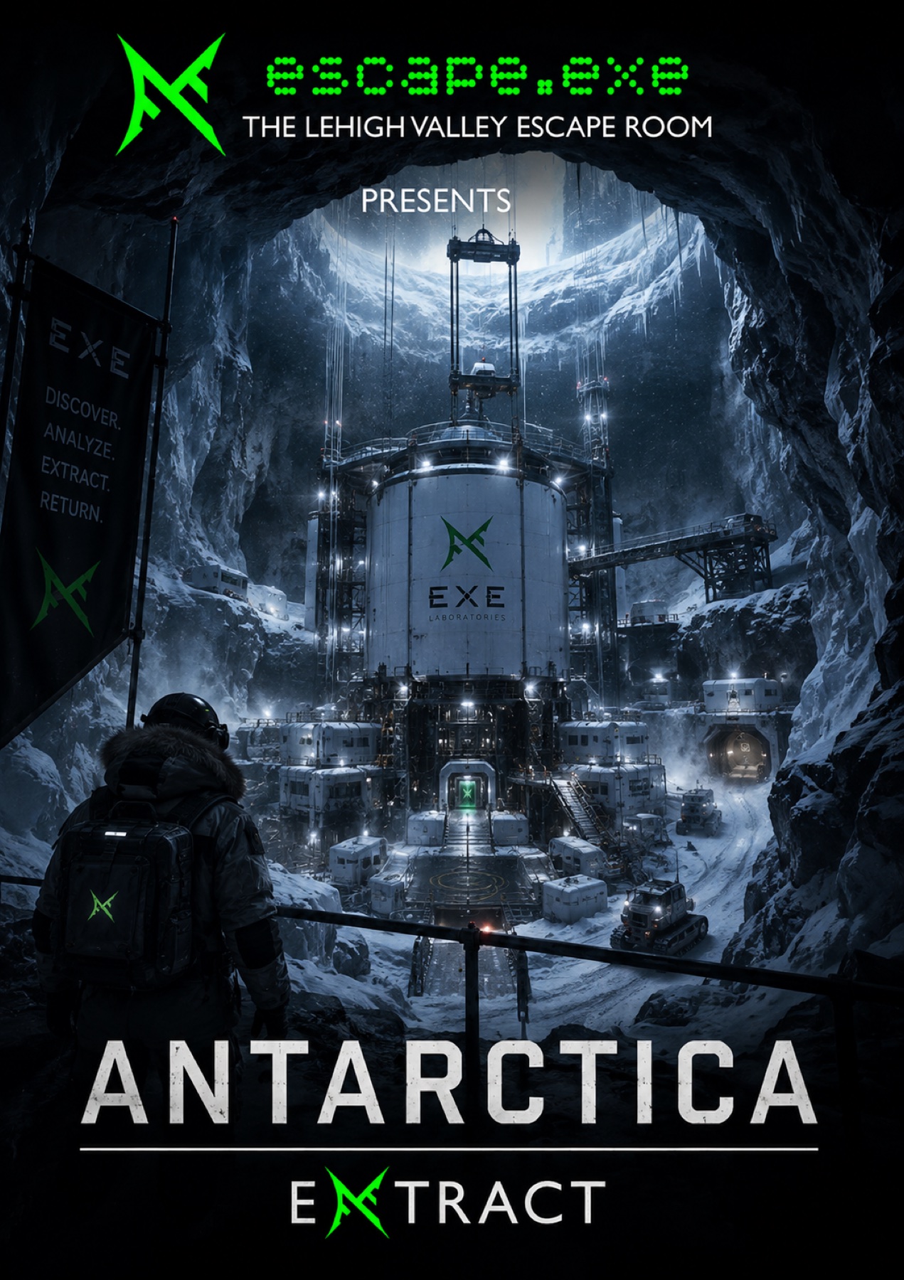 Antarctica concept poster: a research structure inside a vast ice cavern.