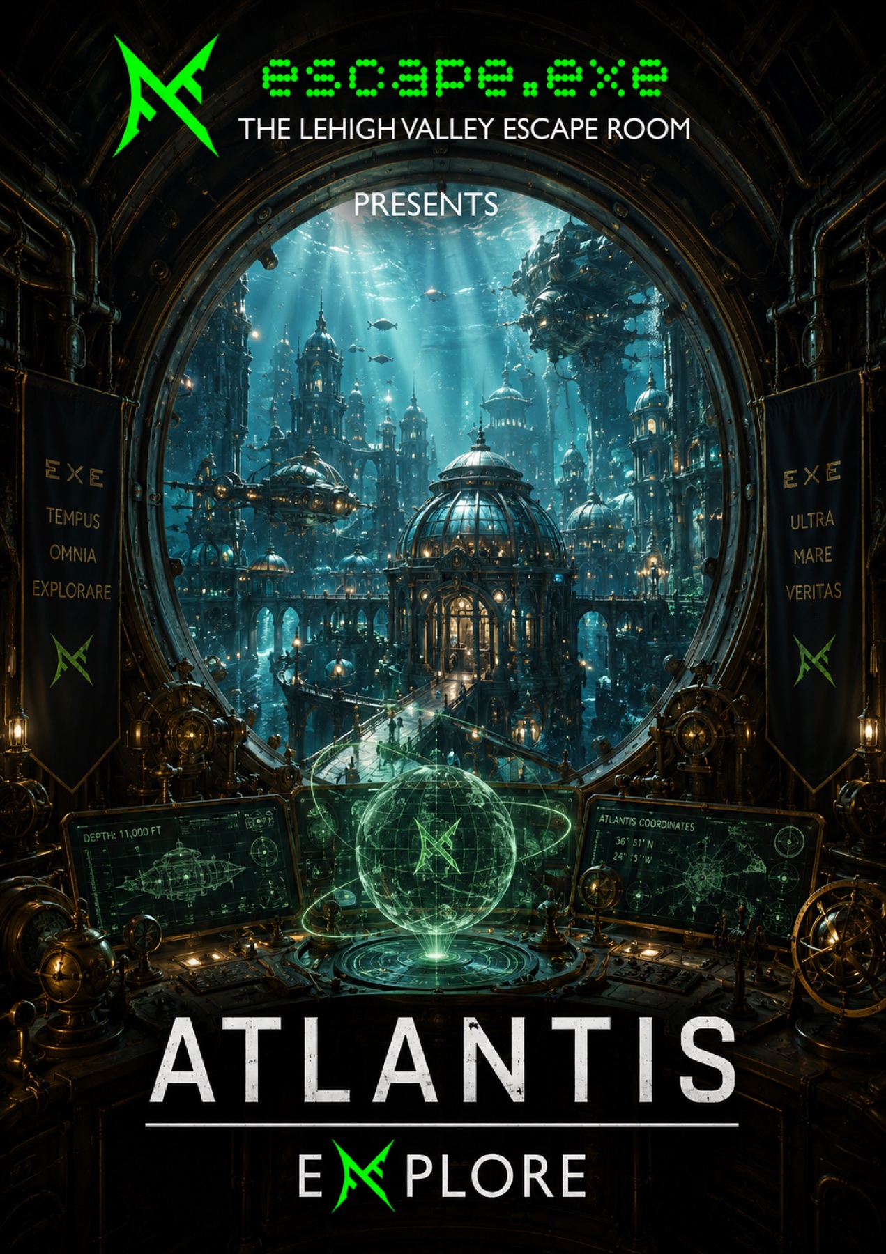 Atlantis concept poster: an underwater city seen through an ornate circular window.