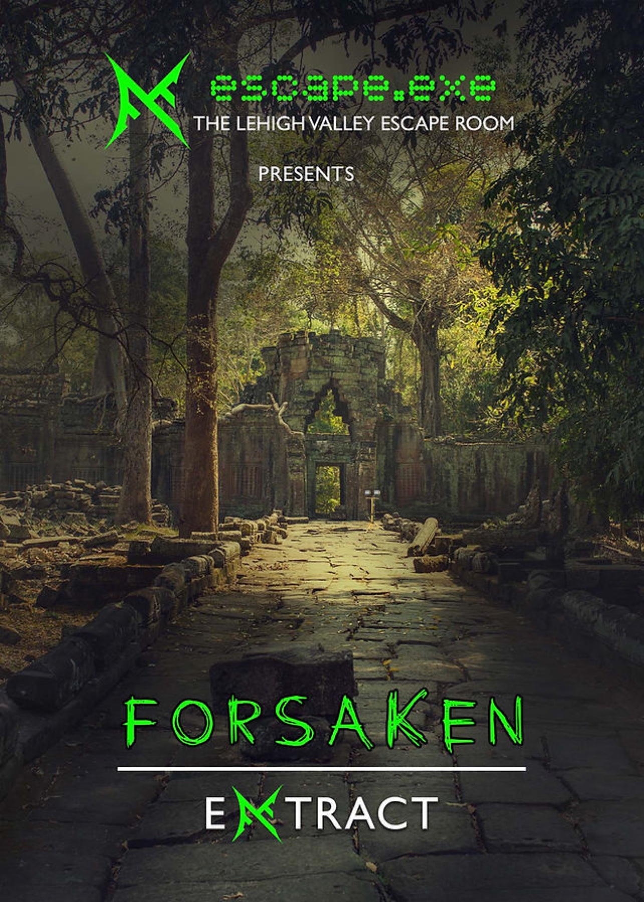 Forsaken concept poster: overgrown stone ruins deep inside a forest.