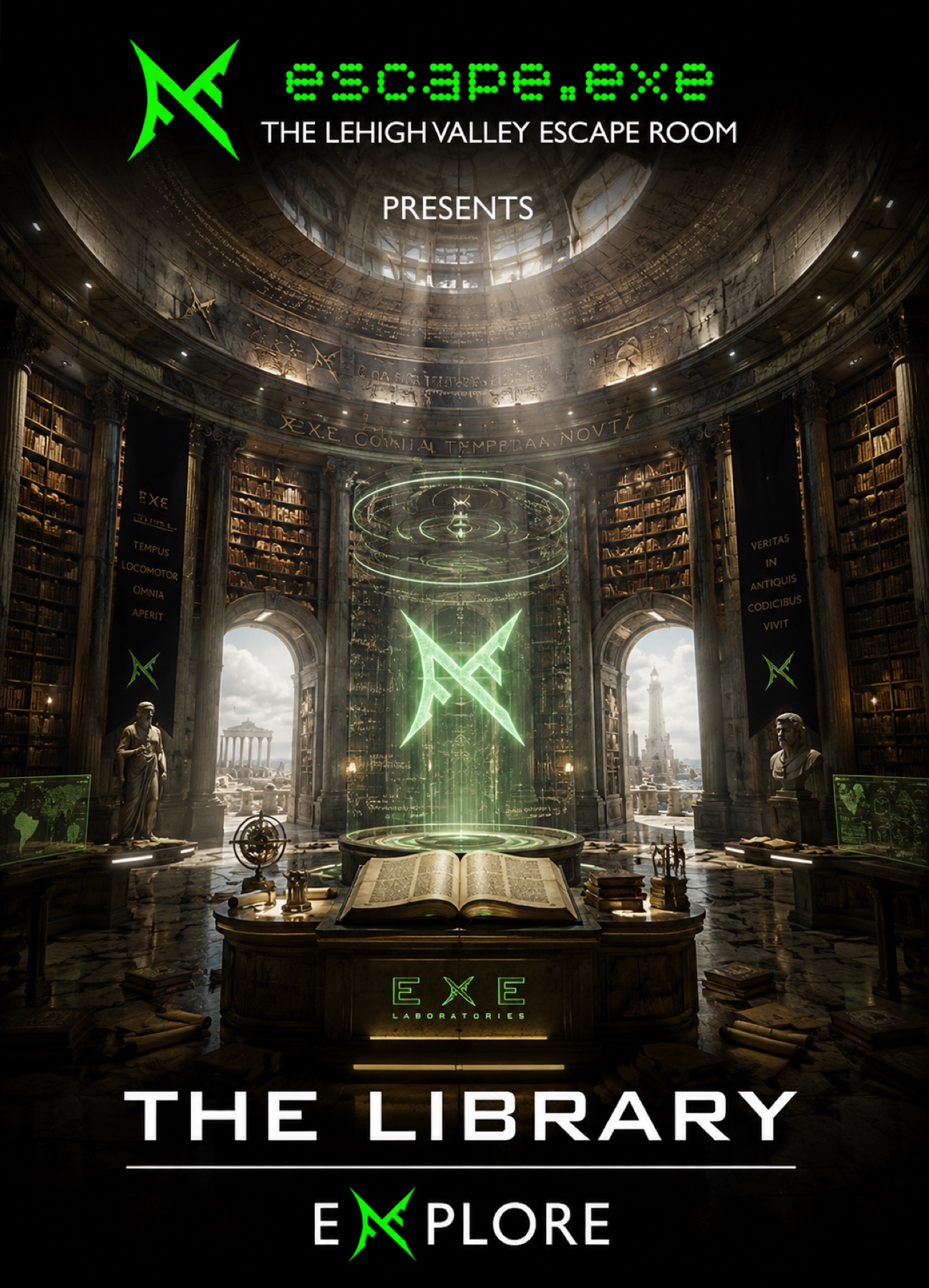 The Library concept poster: a towering archive surrounding an illuminated book.